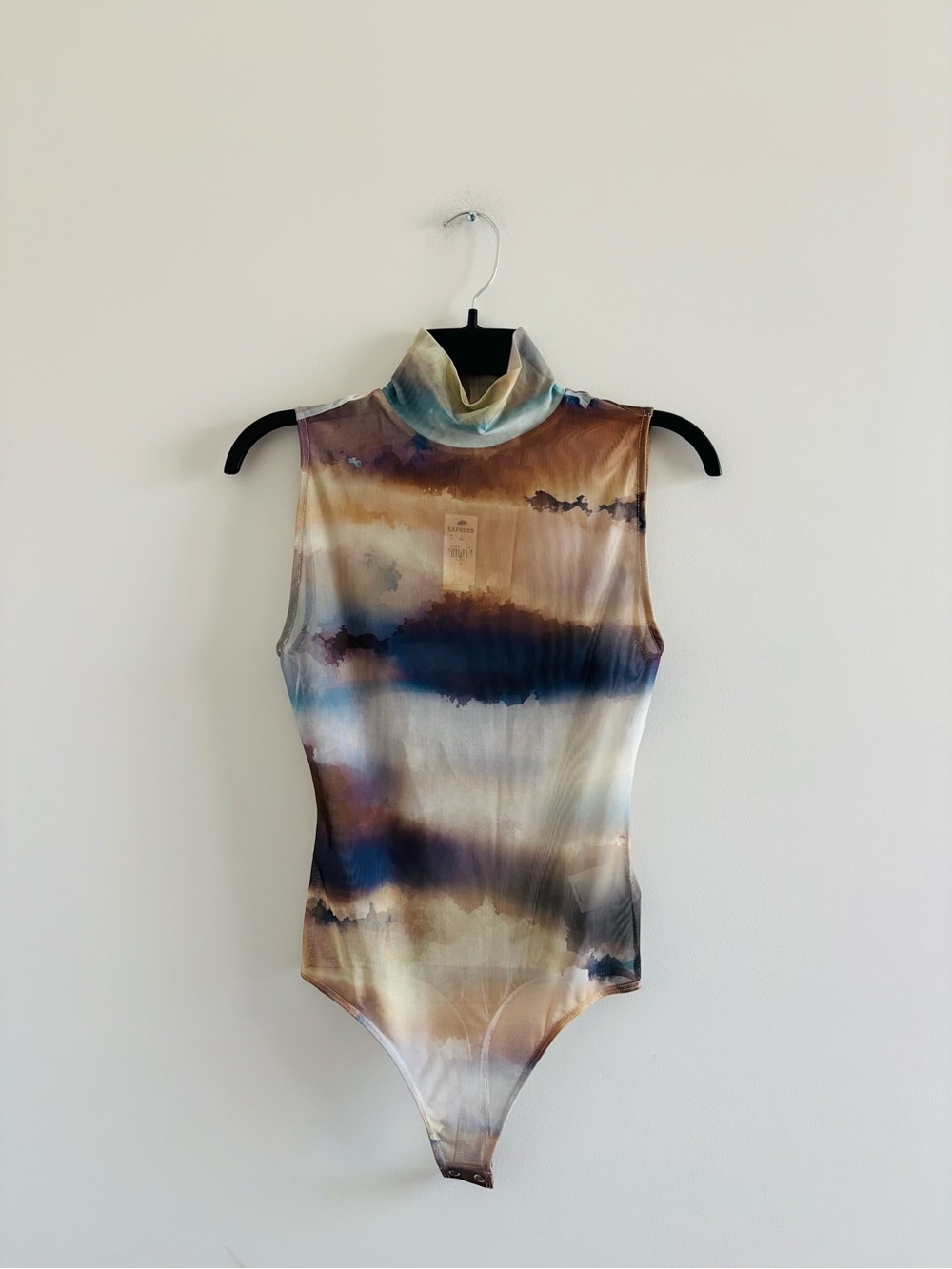 Express Bodysuit Mesh Sheer Sleeveless Watercolor Brown Blue XS NWT Fairycore